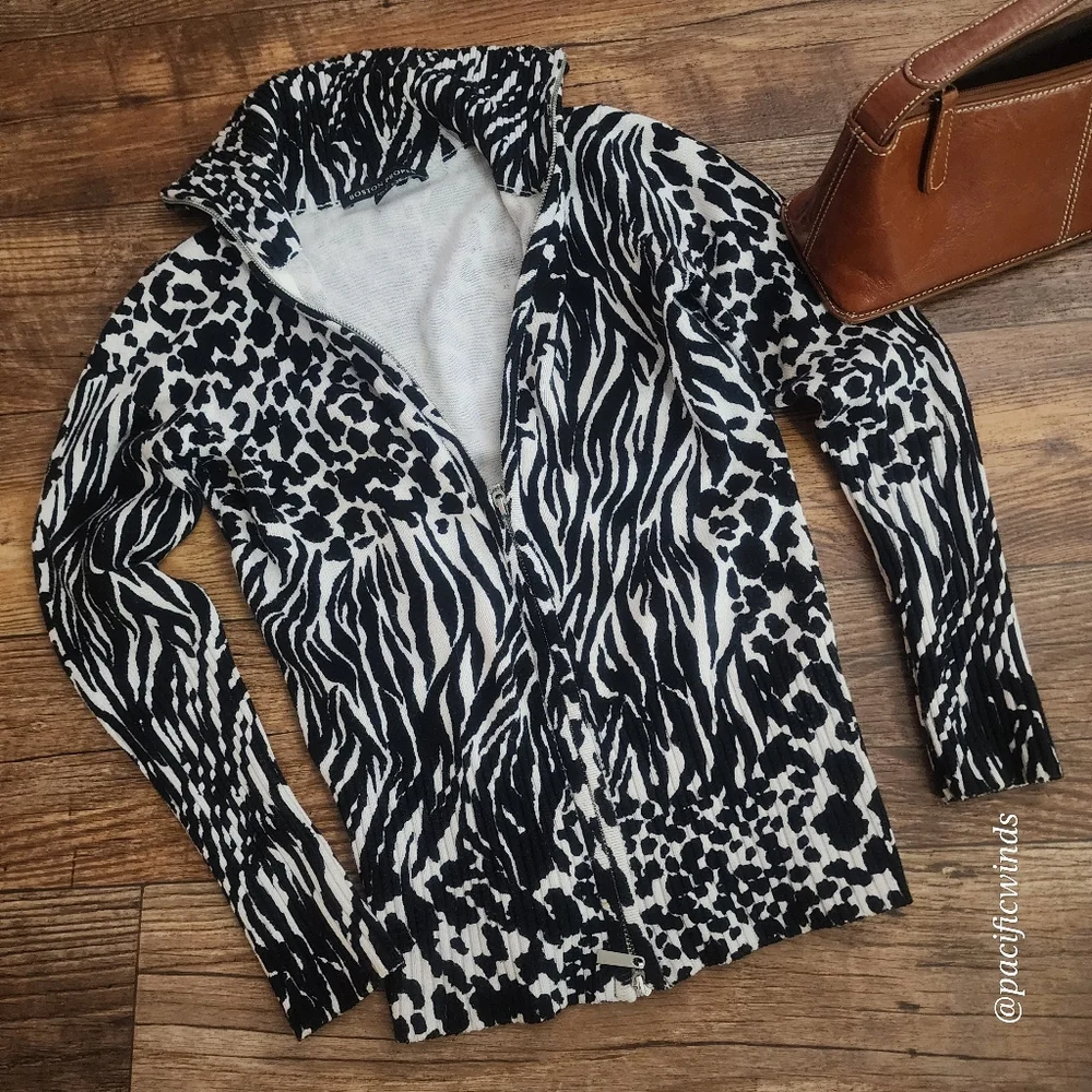 BOSTON PROPER ZIP FRONT ZEBRA BLOCK PRINT SWEATER SIZE 0 BLACK & BONE  ☆ - Picture 7 of 13